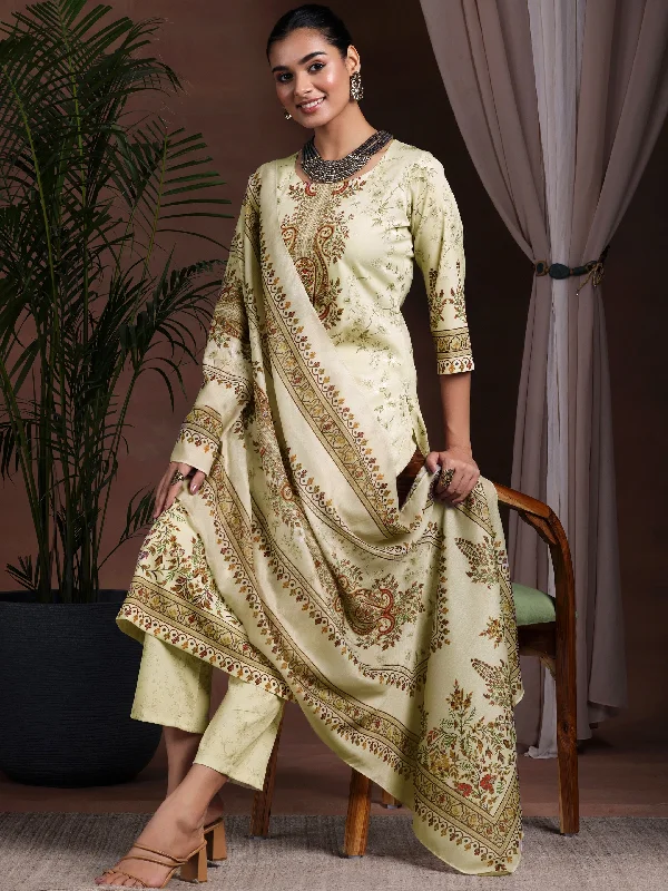 Beige Printed Poly Crepe Straight Suit With Dupatta