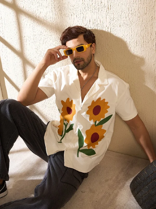 White Corduroy Sunflower Cuban Shirt