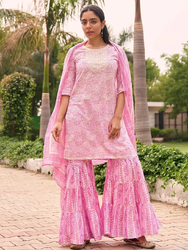 Pink Yoke Design Cotton Straight Suit With Dupatta