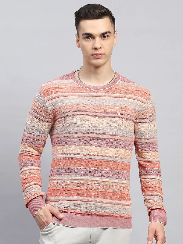 Men Pink Stripe Round Neck Full Sleeve Pullover