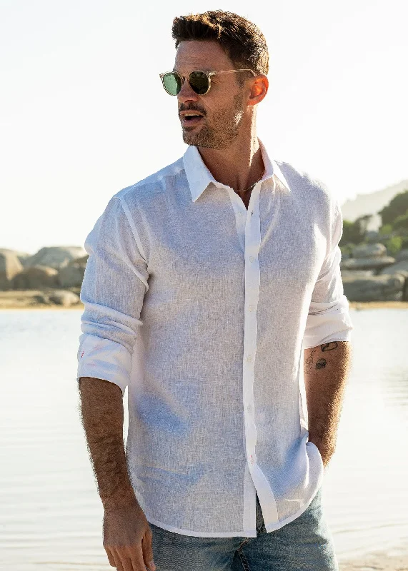 Mens' White Linen Shirt with Contrast Trim