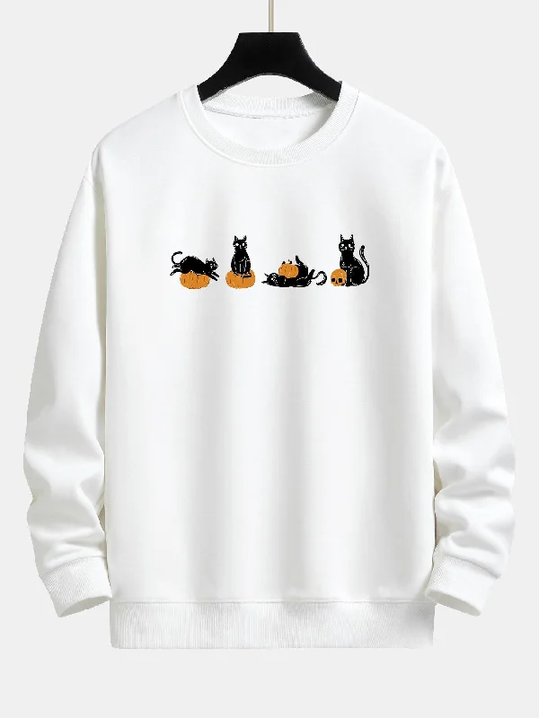 Halloween Pumpkin Black Cat Print Relax Fit Sweatshirt