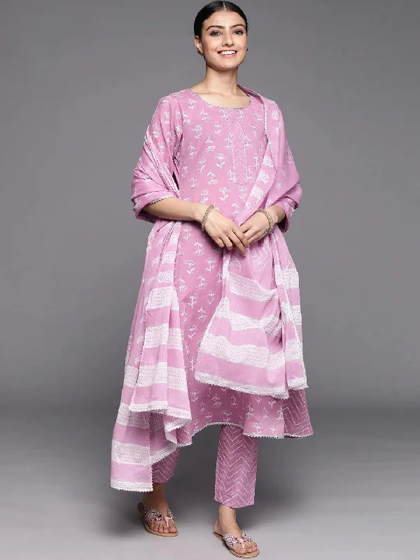 Lavender Printed Cotton A-Line Kurta With Dupatta