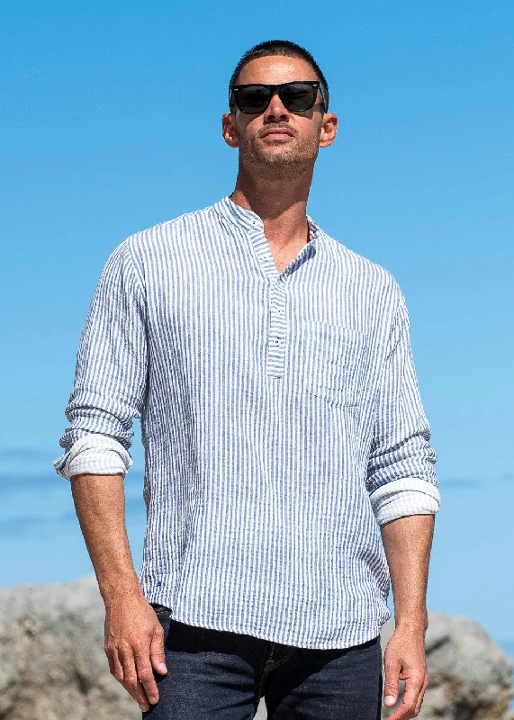 Twice as Nice Mens' Half Placket Cotton Shirt in Ocean Stripe