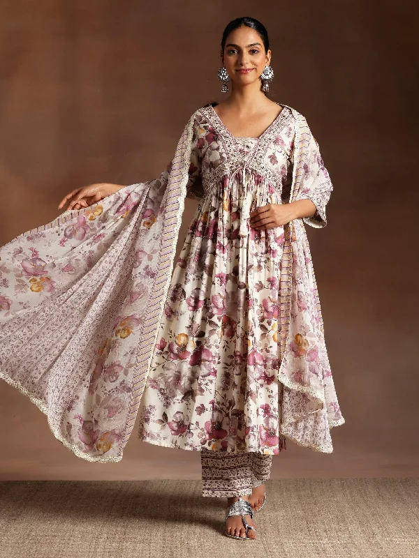 Hoor Burgundy Printed Silk Blend A-Line Kurta With Palazzos & Dupatta