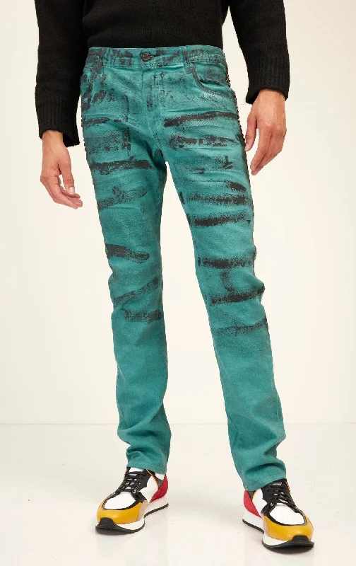 Black Paint Swiped Denim Jeans - Dark Green