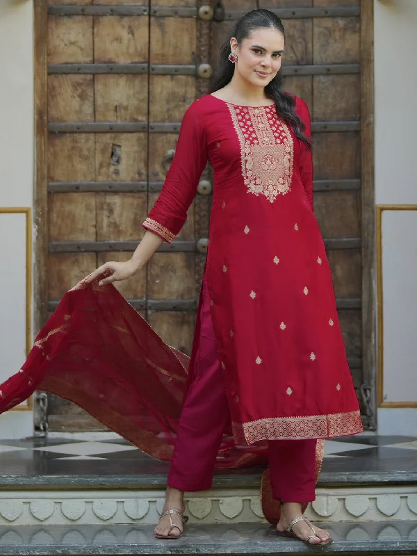 Red Woven Design Silk Blend Straight Suit With Dupatta