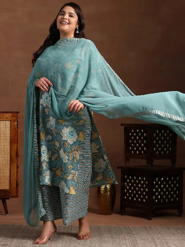 Plus Size Grey Printed Cotton Straight Suit With Dupatta