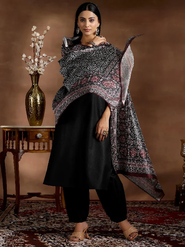 Black Solid Cotton Blend Straight Suit With Dupatta