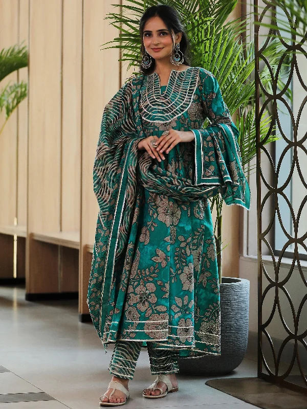 Green Printed Cotton Anarkali Suit With Dupatta