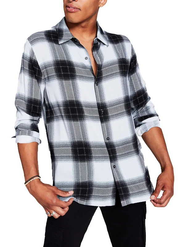 Mens Plaid Collared Button-Down Shirt